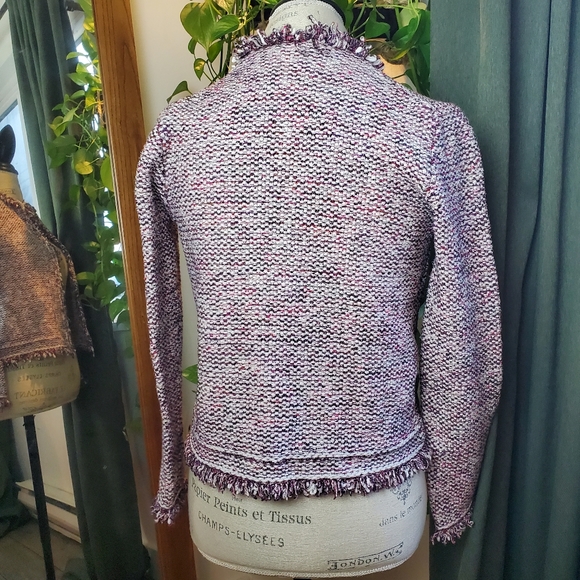 MASSIMO DUTTI | Tweed Frayed Hem Open Purple Italian Yarn Blazer - Picture 9 of 14
